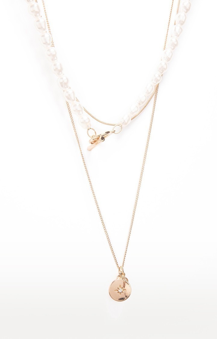 Lilly & sparkle | Lilly & Sparkle Alloy Gold Toned Pearl Beaded 3 Layered Necklace with Diamond Studded Pendant for Women 2