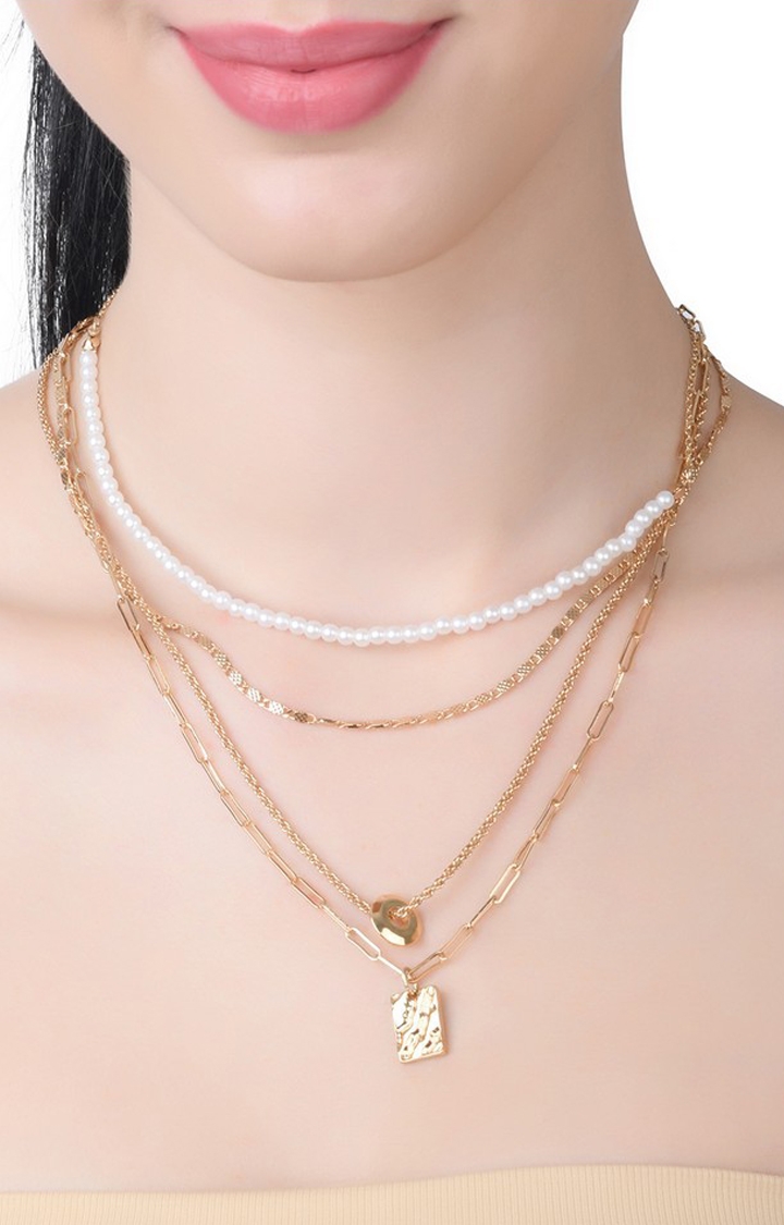 Lilly & sparkle | Lilly & Sparkle Gold Toned Four Layered Pearl Neckalce With Hammered Geometric Charm 0