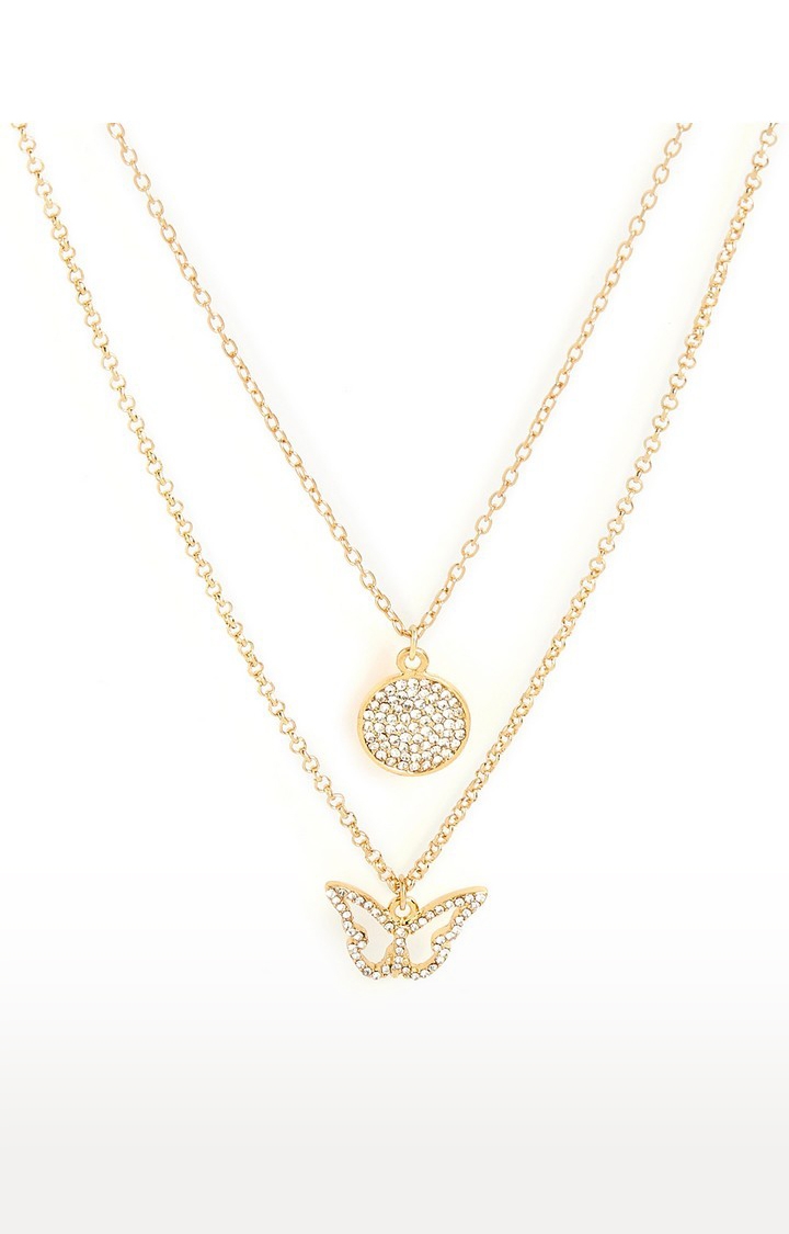 Lilly & sparkle | Lilly & Sparkle Gold Toned Two Layered Necklace With Crystal Studded Coin And Butterfly 1