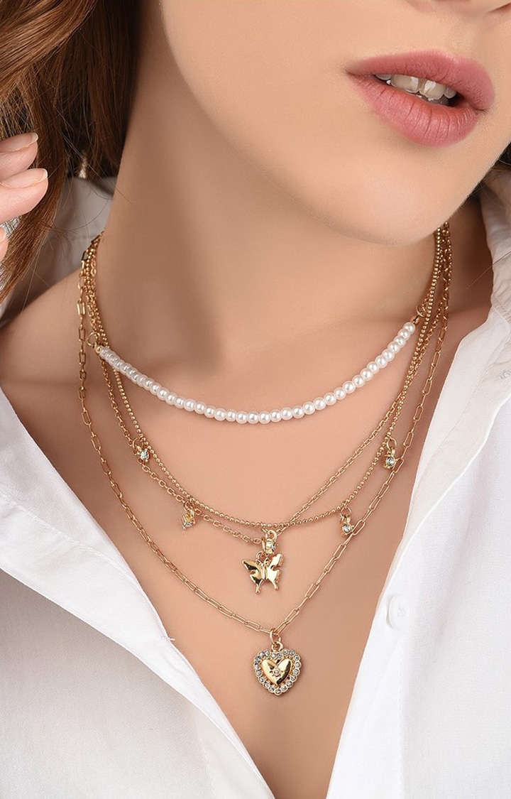 Women's/Girl's Beautiful Gold Crystal And Pearl Necklace Set With