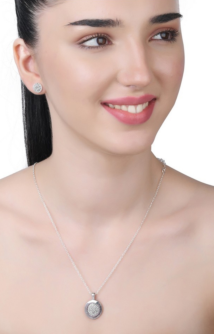Lilly & sparkle | Lilly & Sparkle Silver Toned Neckalce With Crystal Studed Circular Pendant & Crystal Stud Earrings 0