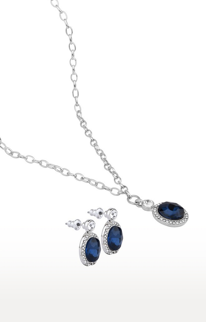 Lilly & sparkle | Lilly & Sparkle Silver Toned Chain With Oval Blue Stone Pendant And Stud Earrings 1
