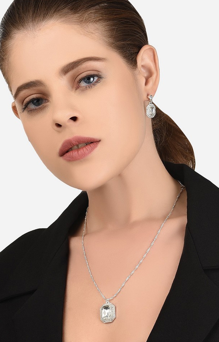 Lilly & sparkle | Lilly & Sparkle Silver Toned Necklace Crystal Studded Geometric Pendant With Crystal Drop Earrings  2