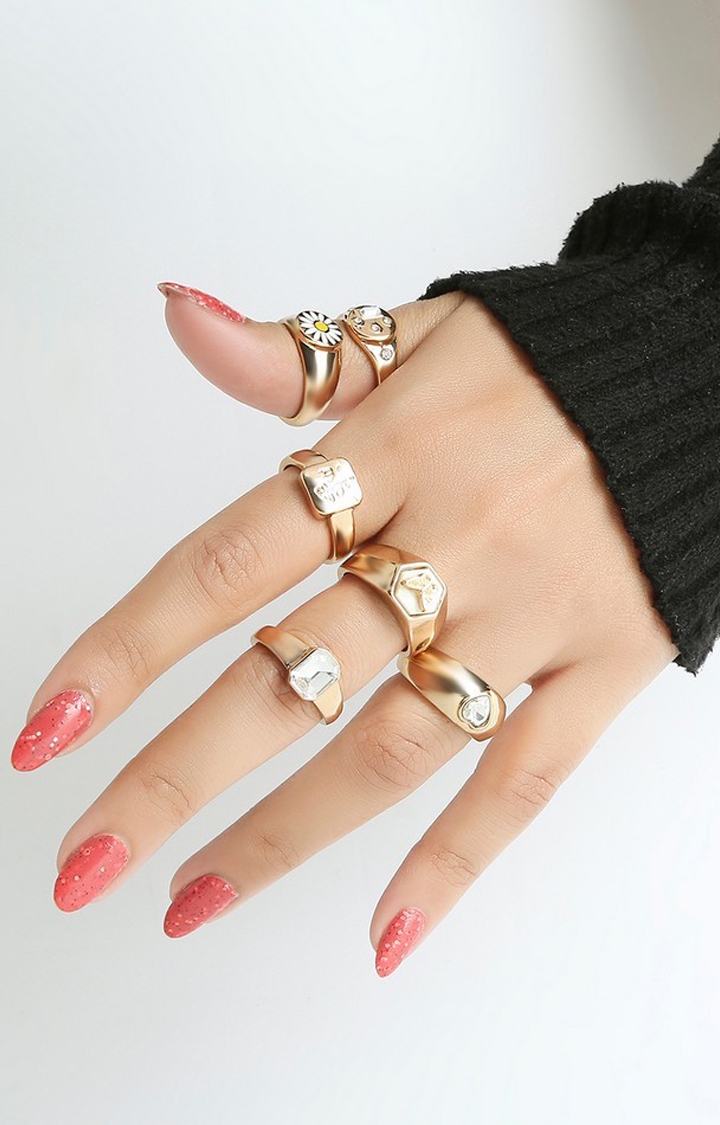 Lilly & sparkle | Lilly & Sparkle Gold Toned Statement Happy Summer Rings Pack Set Of 6 0