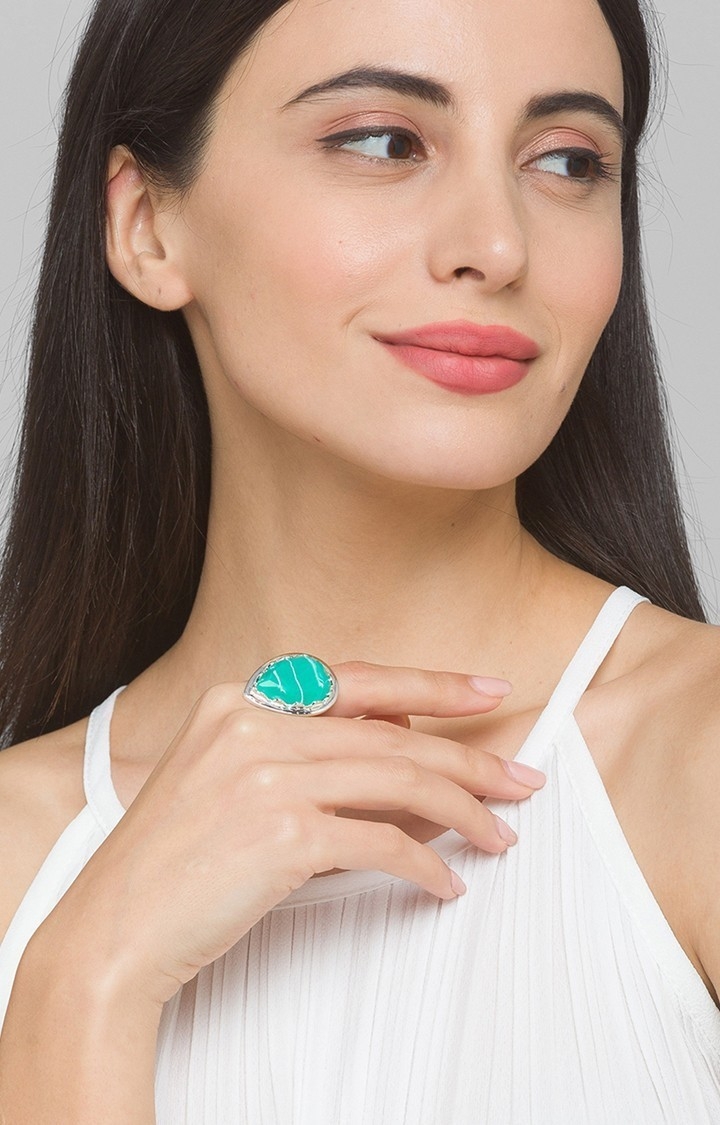 Lilly & sparkle | Lilly & Sparkle Alloy Antique Oxidized Almond Shaped Stone Encrusted Finger Ring for Women - Green 0