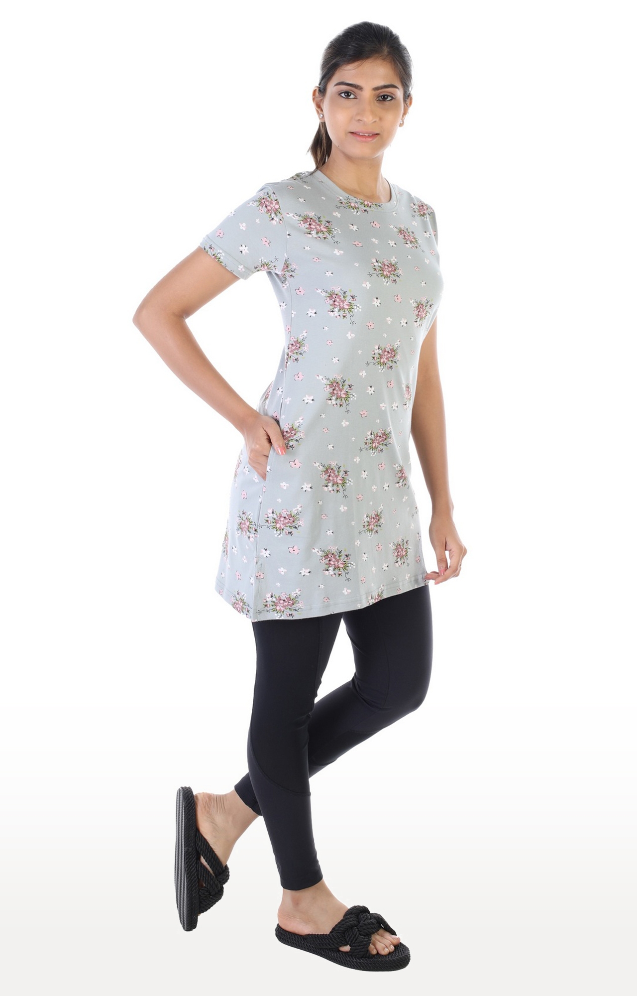 Impex | Impex Women's Grey Cotton Hosiery Printed Floral Round Neck T-shirt 1