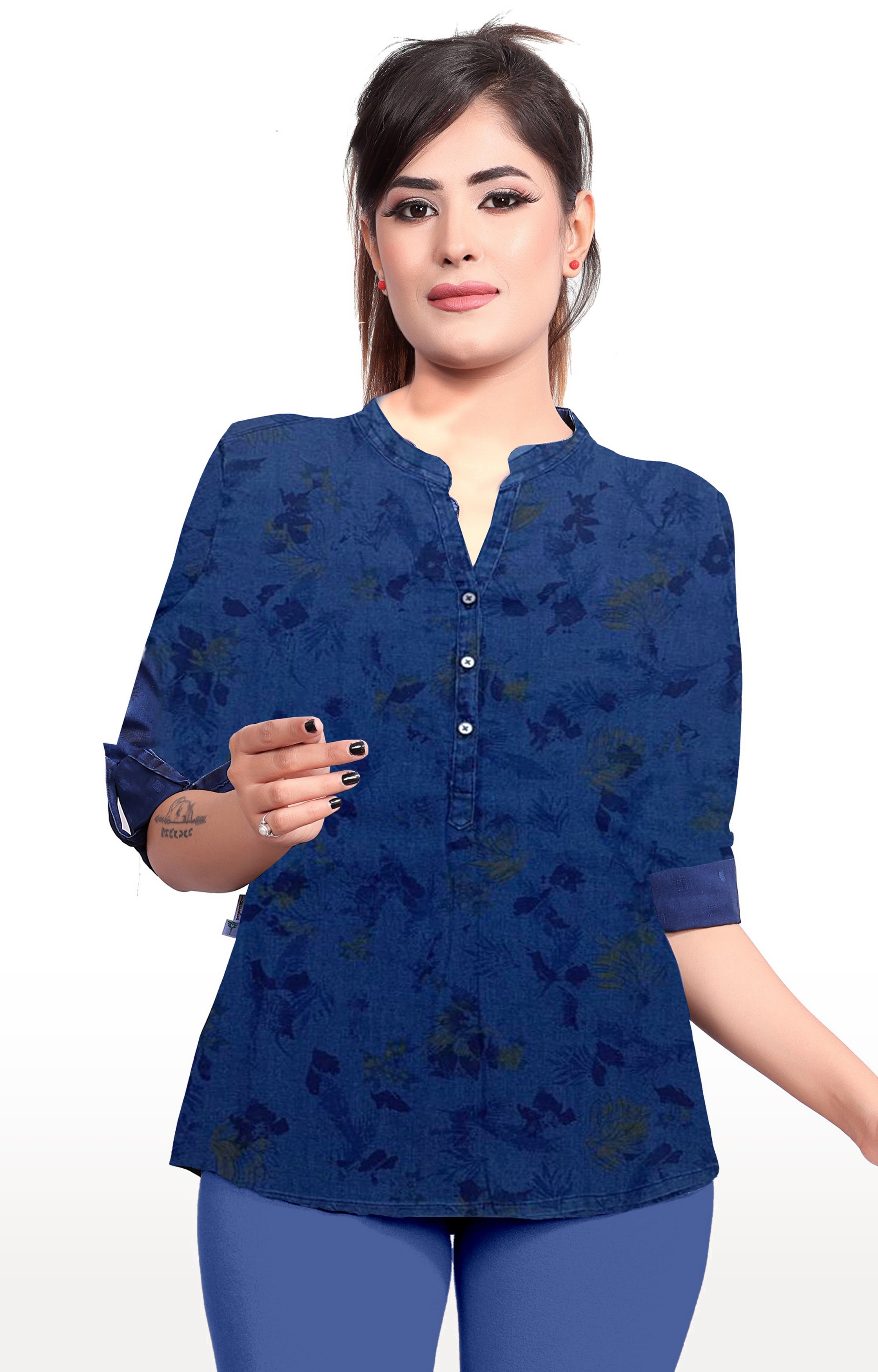 Impex | Impex Blue Denim Printed Tunics For Women 0