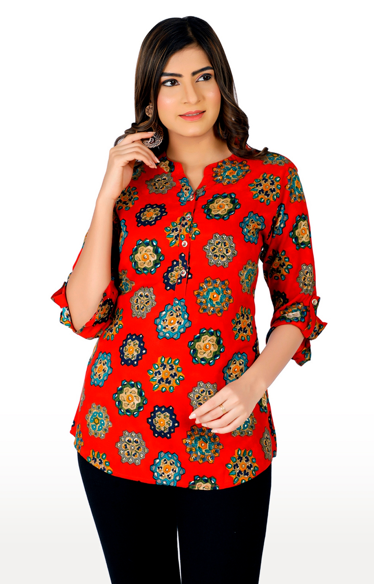 Impex | Impex Women's Red Rayon Mandarin Neck Printed Tunics 0