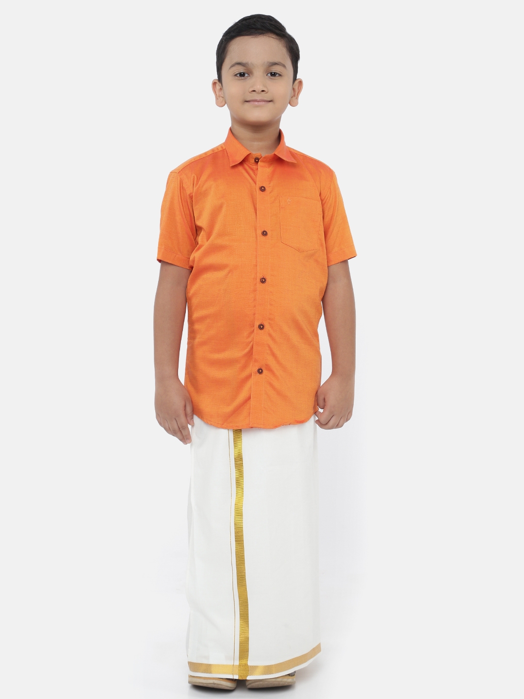 Ramraj Cotton | Ramraj Boys Orange Solid Shirt with White Dhoti 0