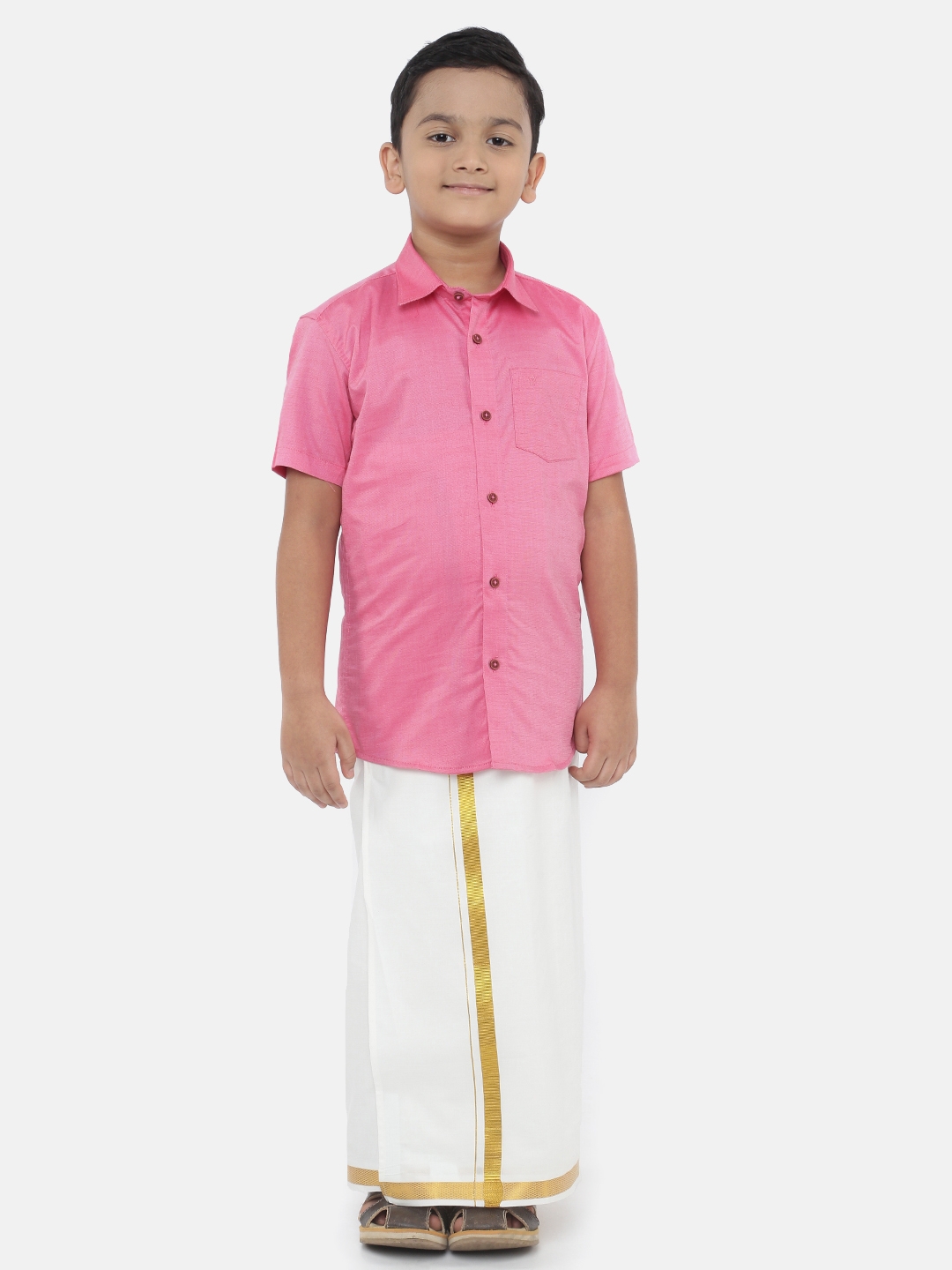 Ramraj Cotton | Ramraj Boys Pink Solid Shirt with White Dhoti 0