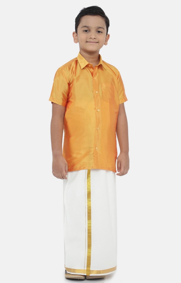 Ramraj Cotton | Ramraj Boys Yellow Solid Shirt with White Dhoti 1