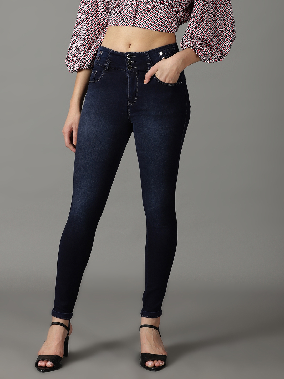 Showoff | SHOWOFF Women Navy Blue Solid  Regular Fit Jeans 1