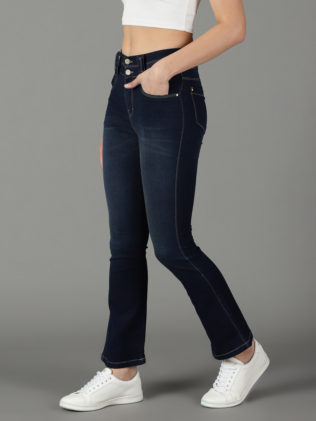 Showoff | SHOWOFF Women Navy Blue Solid  Bootcut Jeans 2