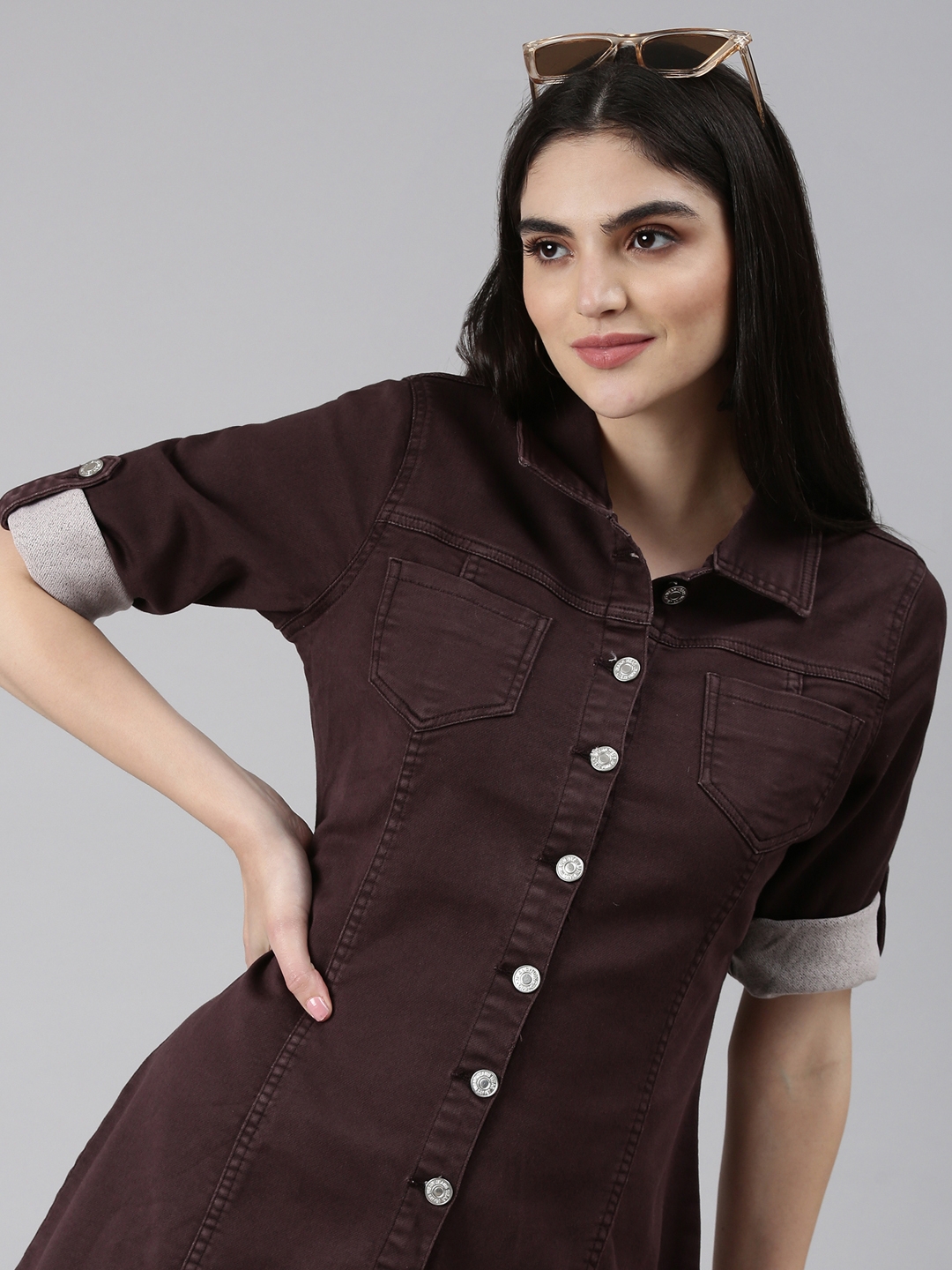 SHOWOFF Women's Shirt Collar Short Sleeves A-Line Solid Coffee Brown Mini Dress