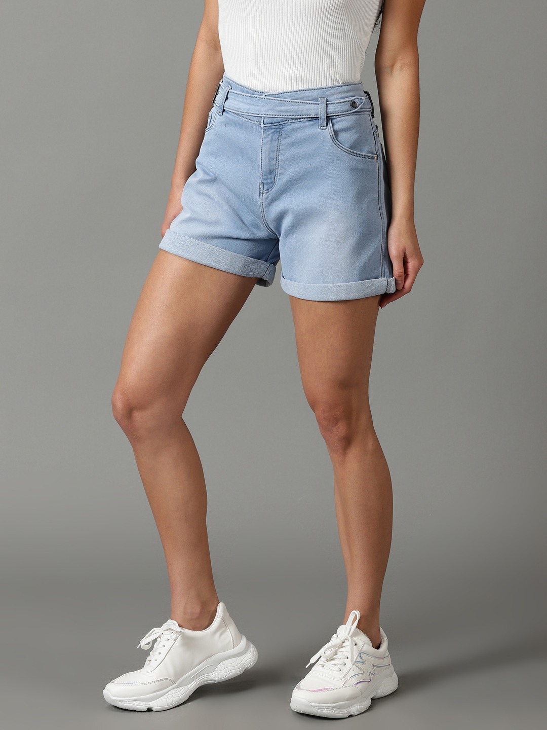SHOWOFF Women's Regular Fit Above Knee Solid Blue Shorts