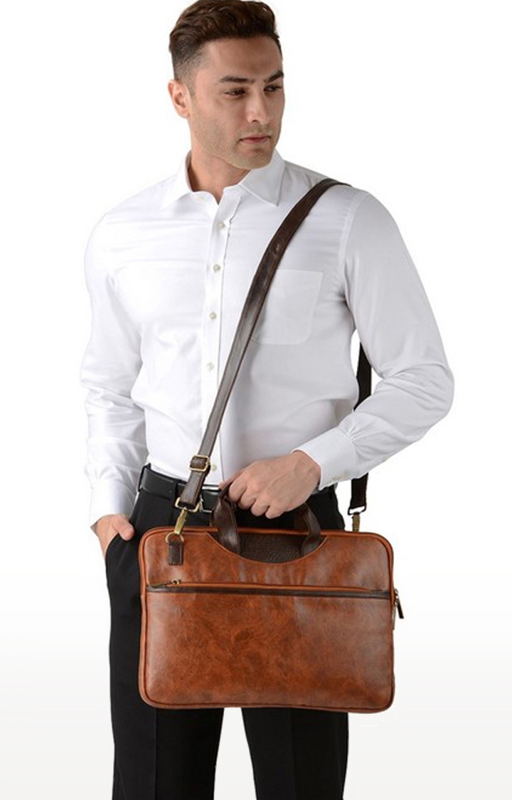 Vivinkaa | Vivinkaa Contrast Tan Faux Textured Leather 15.6 Inch Padded Laptop Messenger Bag  3