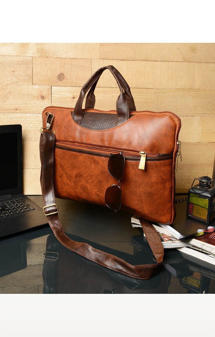 Vivinkaa | Vivinkaa Contrast Tan Faux Textured Leather 15.6 Inch Padded Laptop Messenger Bag  4
