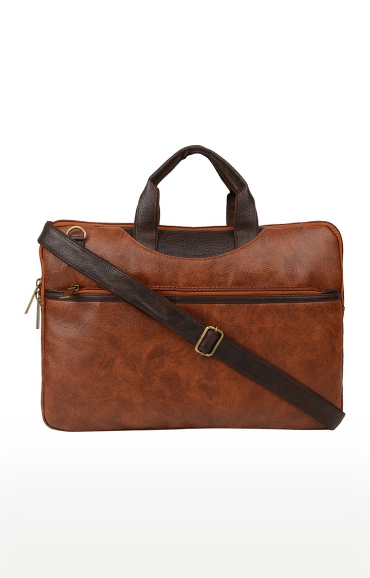 Vivinkaa | Vivinkaa Contrast Tan Faux Textured Leather 15.6 Inch Padded Laptop Messenger Bag  0