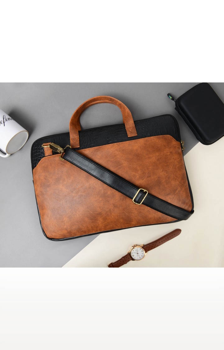 Vivinkaa | Vivinkaa Tan Faux Textured Leather 15.6 Inch Padded Laptop Messenger Bag  9