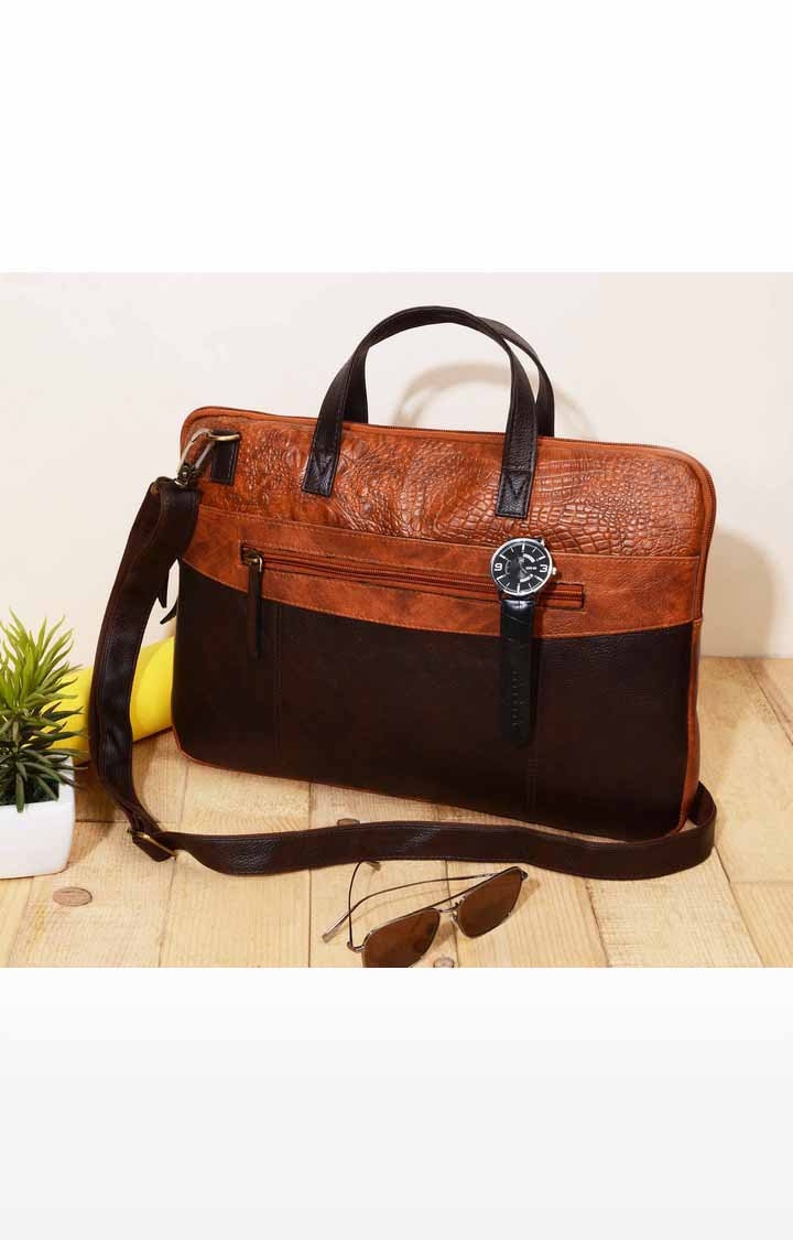 Vivinkaa | Vivinkaa Tan Faux Textured Leather 15.6 Inch Padded Laptop Messenger Bag  9