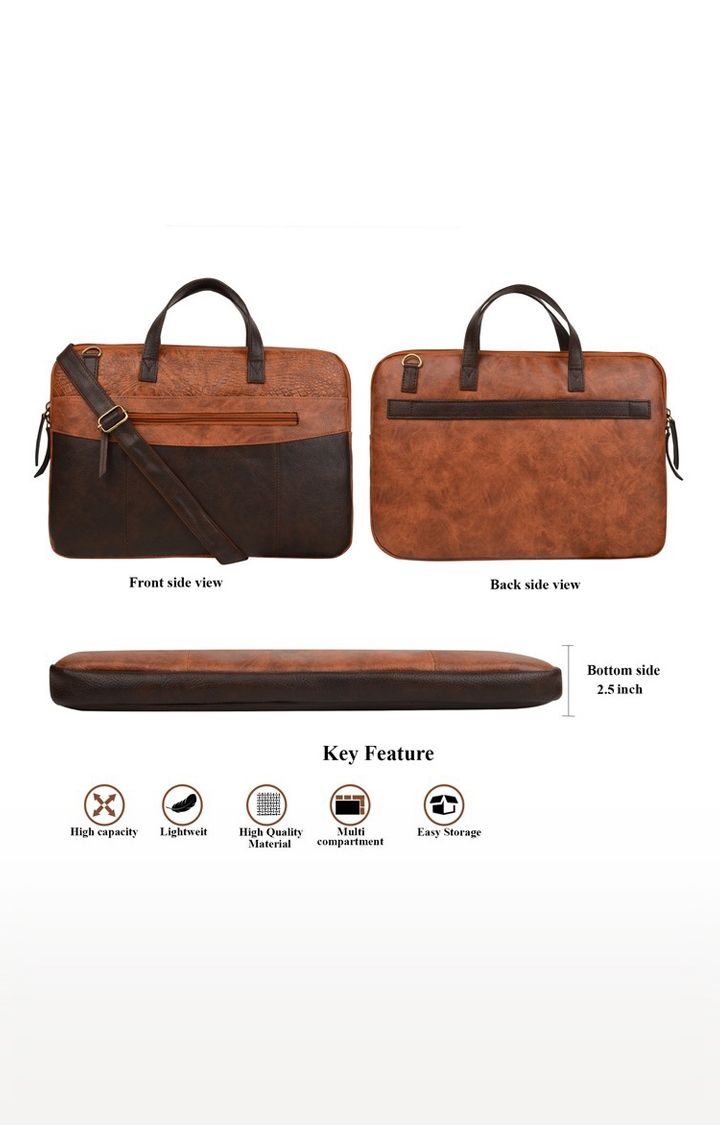 Vivinkaa | Vivinkaa Tan Faux Textured Leather 15.6 Inch Padded Laptop Messenger Bag  5