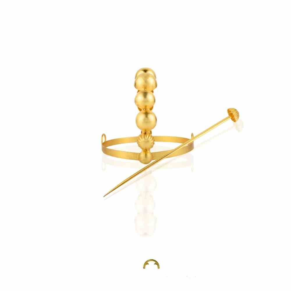 - Gold plated handcrafted hair bun ring with graduating balls - Statement hair accessory inspired by European architecture - 18k gold plated hair jewellery from Jaipur - Sculptural bun accessory for casual and festive styling