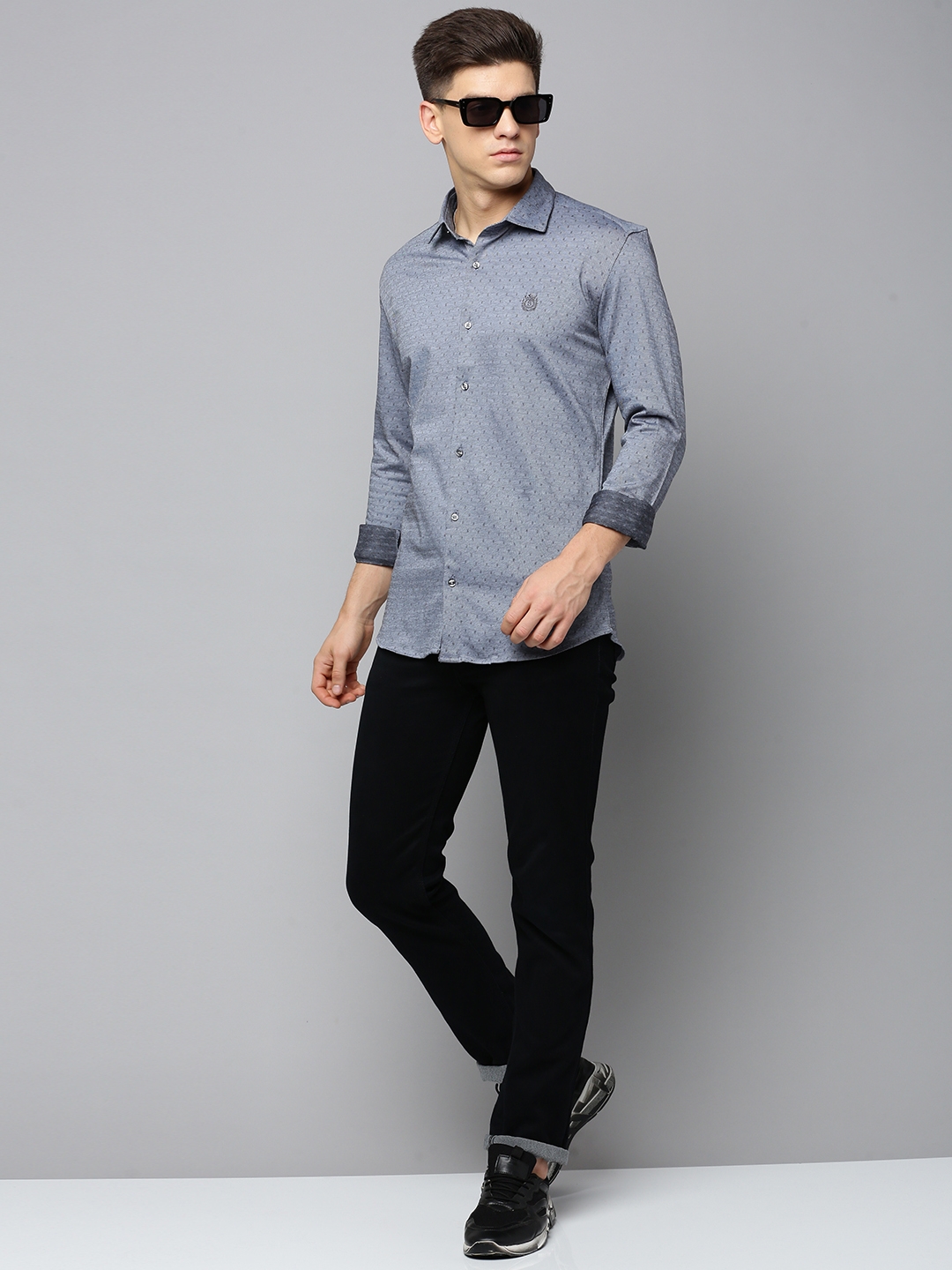 Showoff | SHOWOFF Men's Spread Collar Self Design Grey Slim Fit Shirt 4