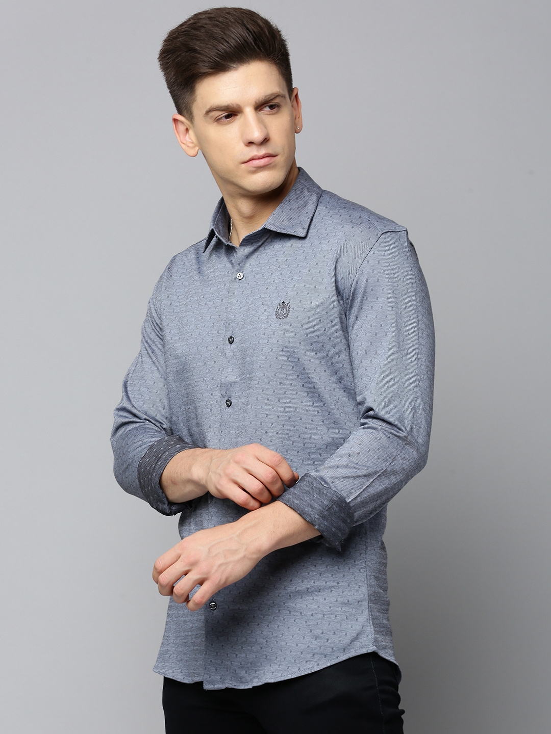 Showoff | SHOWOFF Men's Spread Collar Self Design Grey Slim Fit Shirt 2
