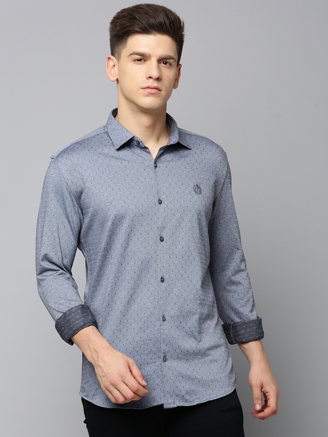 Showoff | SHOWOFF Men's Spread Collar Self Design Grey Slim Fit Shirt 1