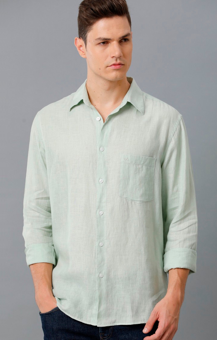 Aldeno | Men's Green Linen Solid Casual Shirt