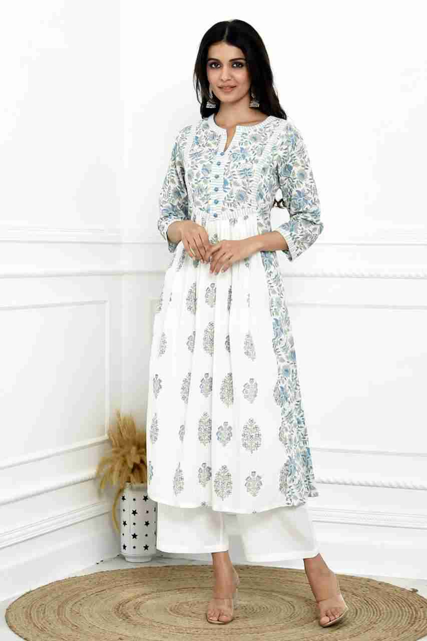 Naksh White And Blue Cotton Printed Gathered Kurta