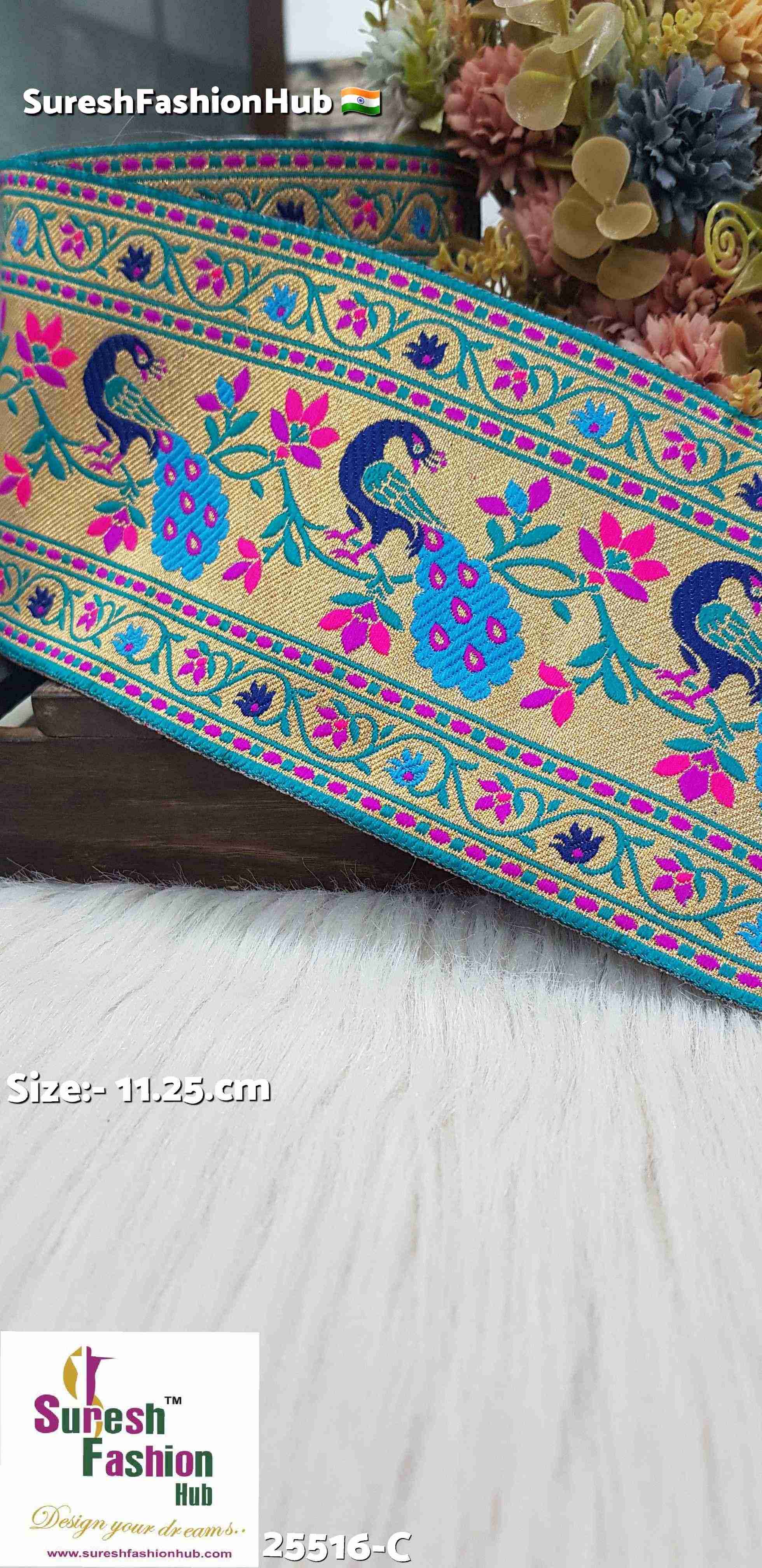Peacock Floral Navy+Sky Blue  Border Lace