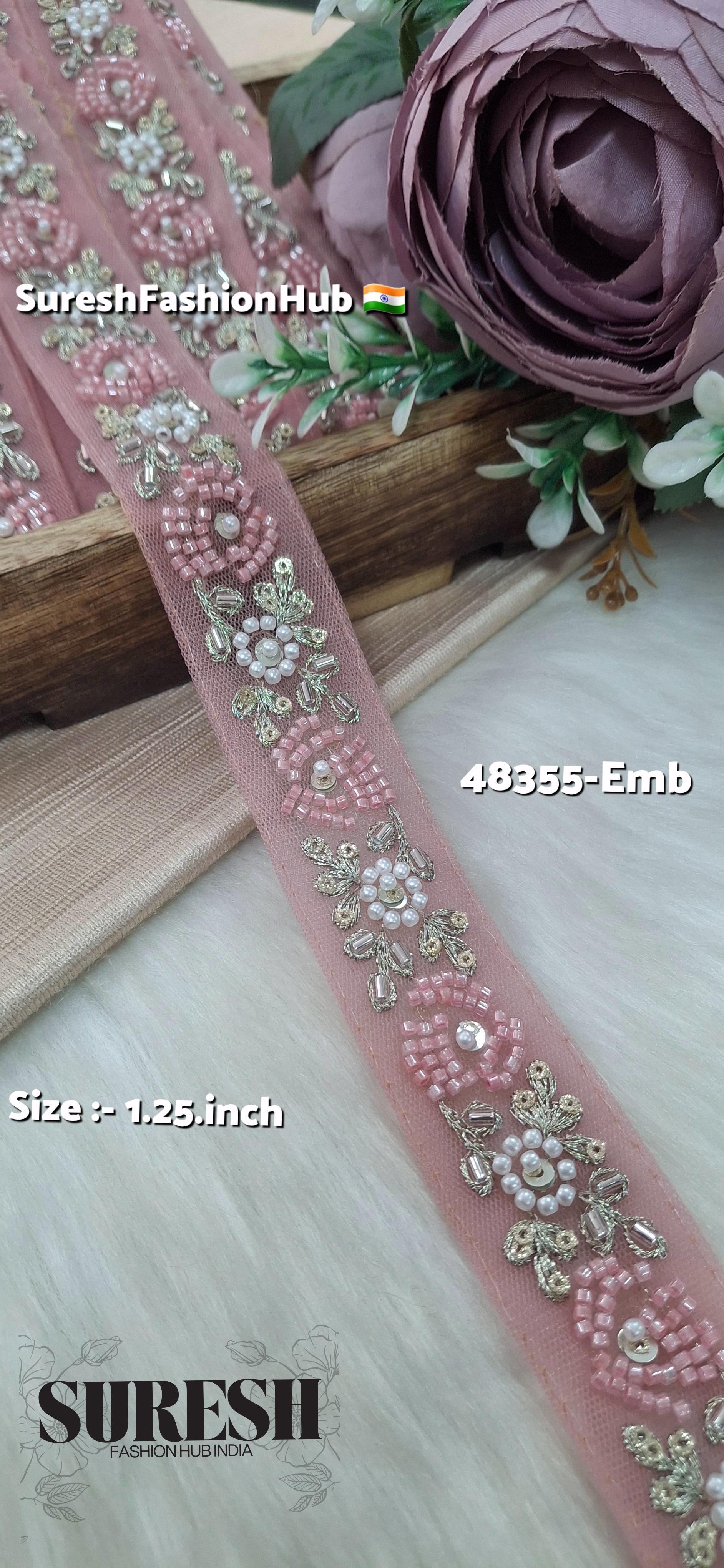 Pink Beaded Bloom Net Embroidered Lace