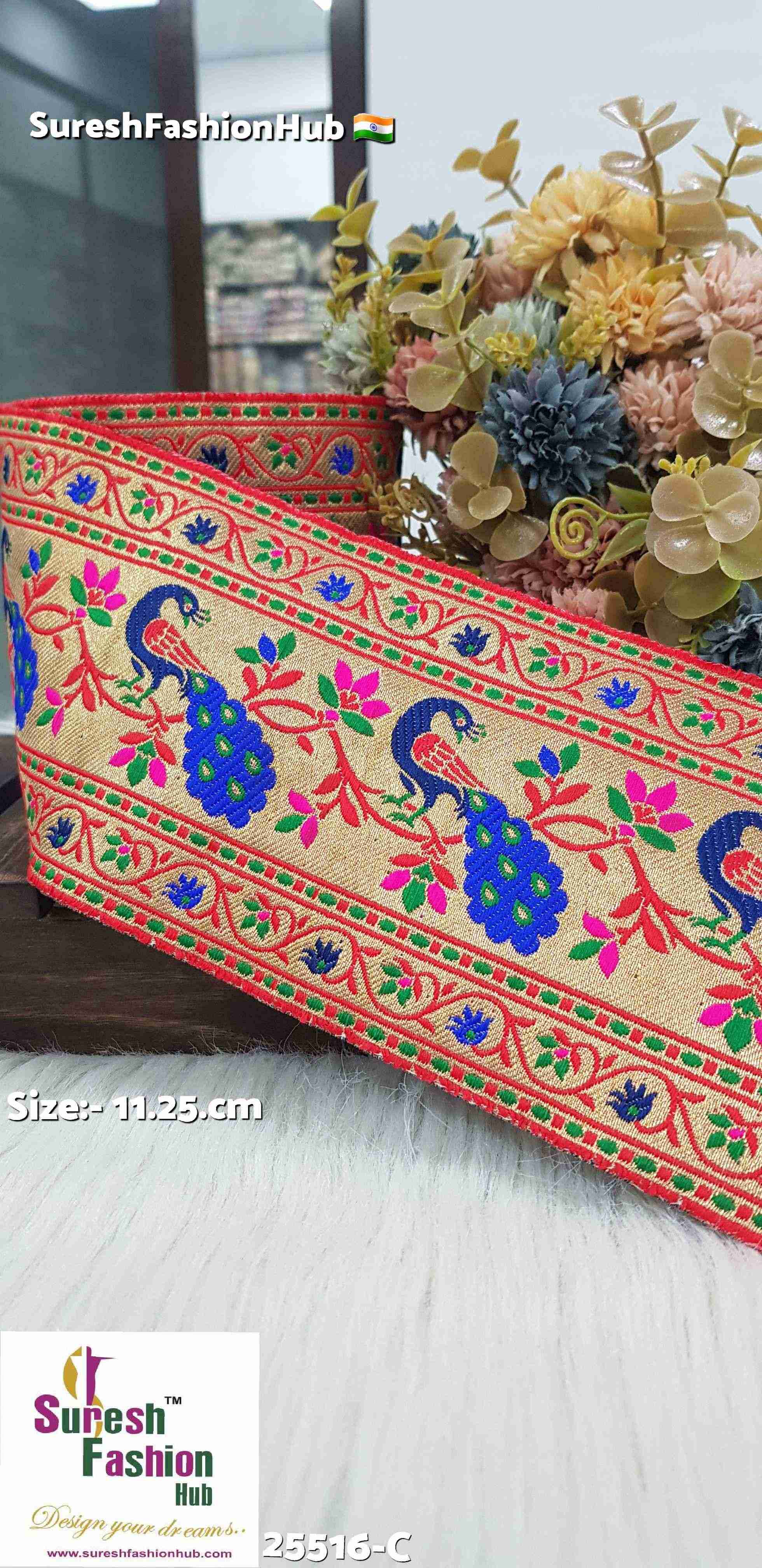 Peacock Floral Banaras Red+Green  Border Lace
