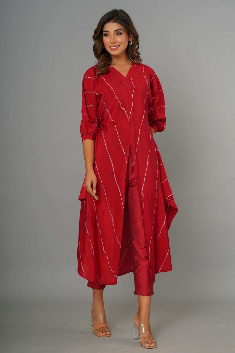Red Muslin Handkerchief A-Line Kurta With Pant