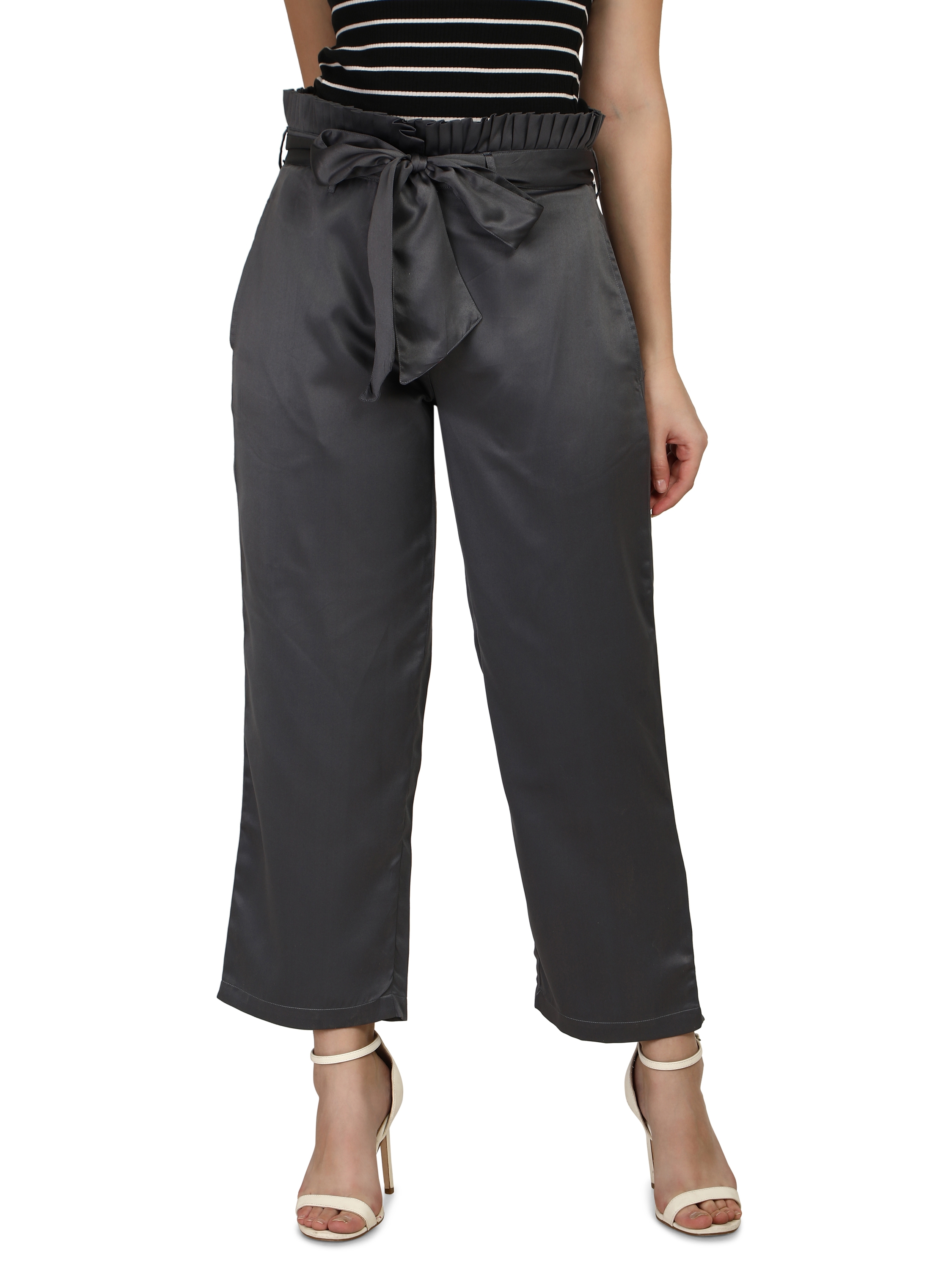 Lb 7belua Smarty Pants womens silk satin charcoal grey color frill waist tie up belt trouser.