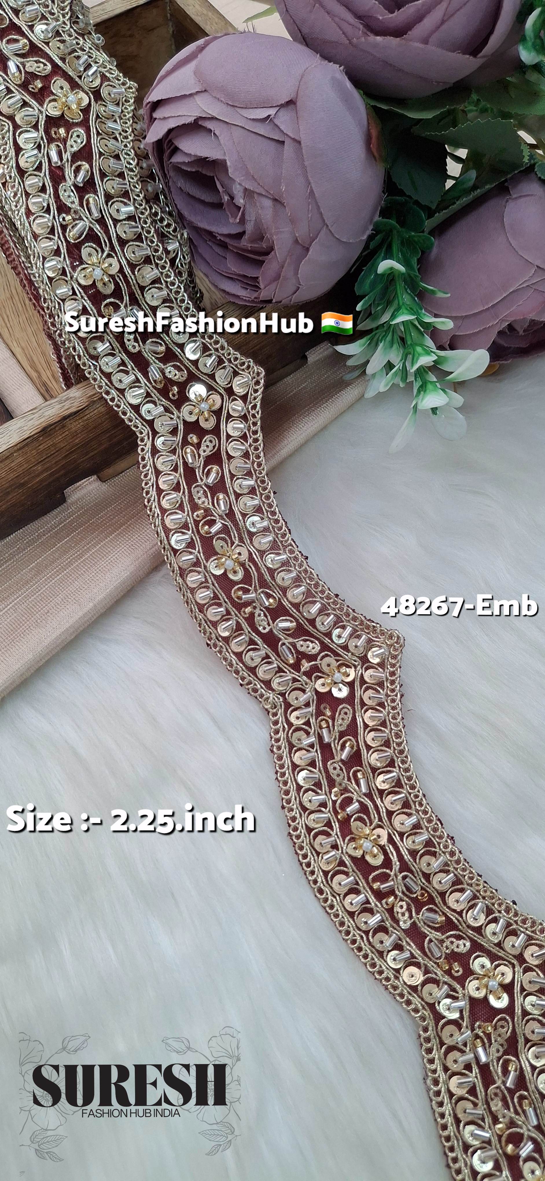 Maroon Scallop Pearl Embroidery Lace