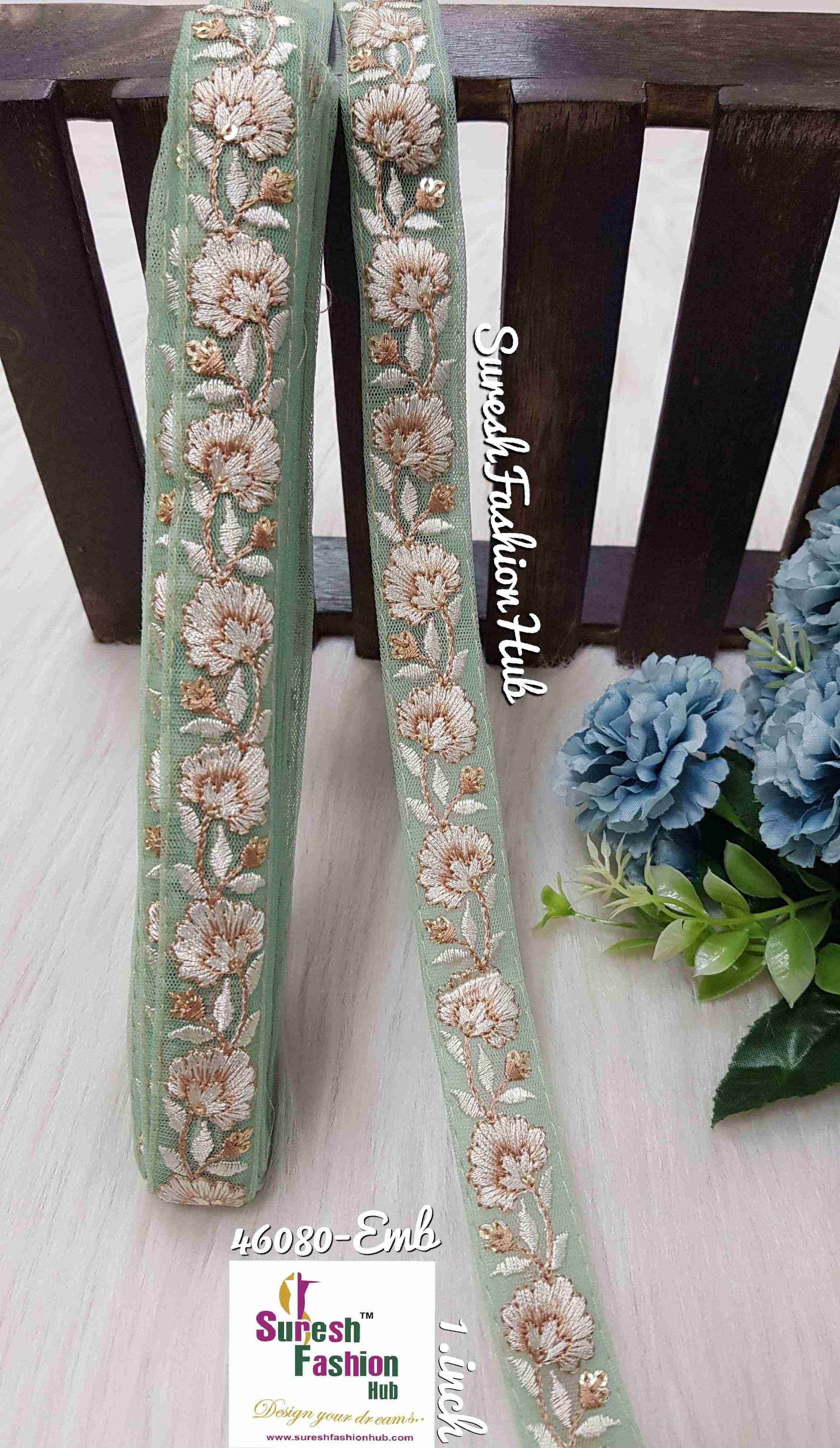Dainty White Threaded Floral Flowers Sea Green Net Embroidered Trim ...