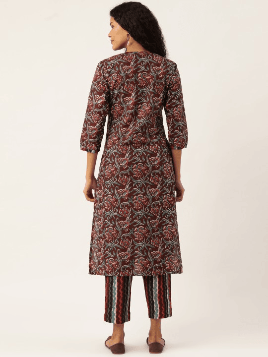 Women Coffee Brown & Blue Printed Kurta with Trousers