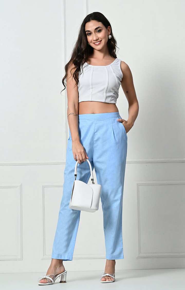 Women's Blue Solid Chinos