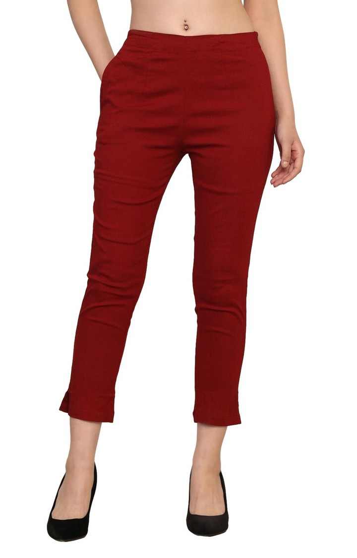 Women's Red Solid Chinos