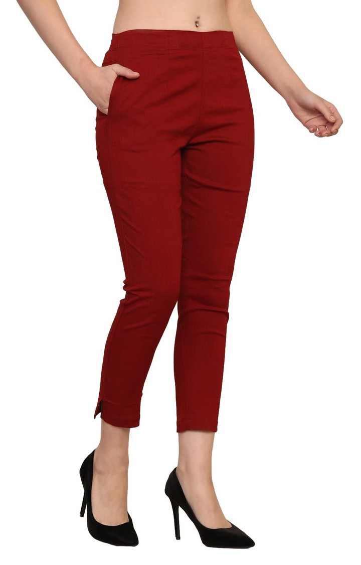 Women's Red Solid Chinos