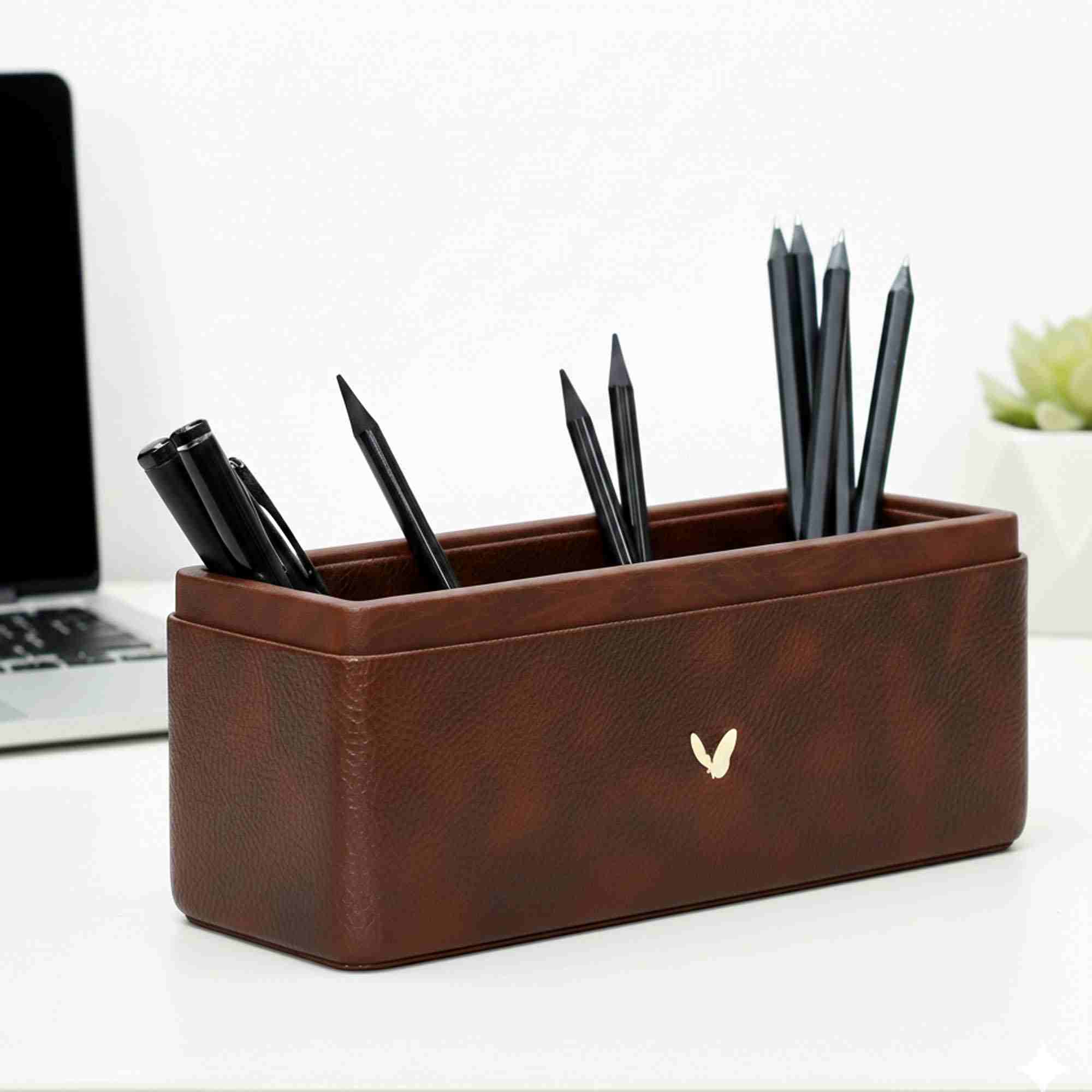 Pen/Pencil Holder | Faux Leather | Rectangular Large | Classic | Brown