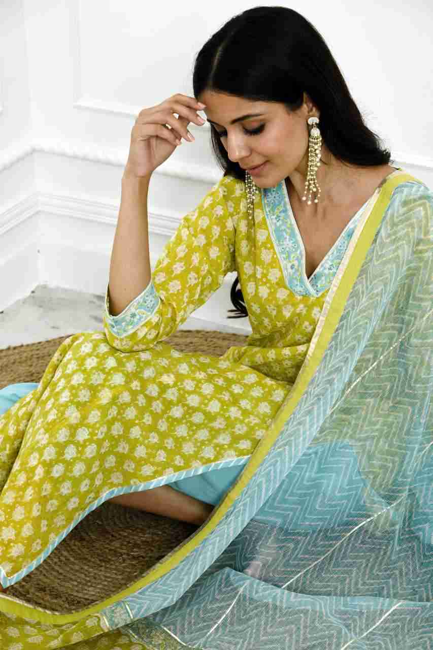 Naksh Yellow Printed Straight Kurta, Pants & Dupatta (Set of 3)