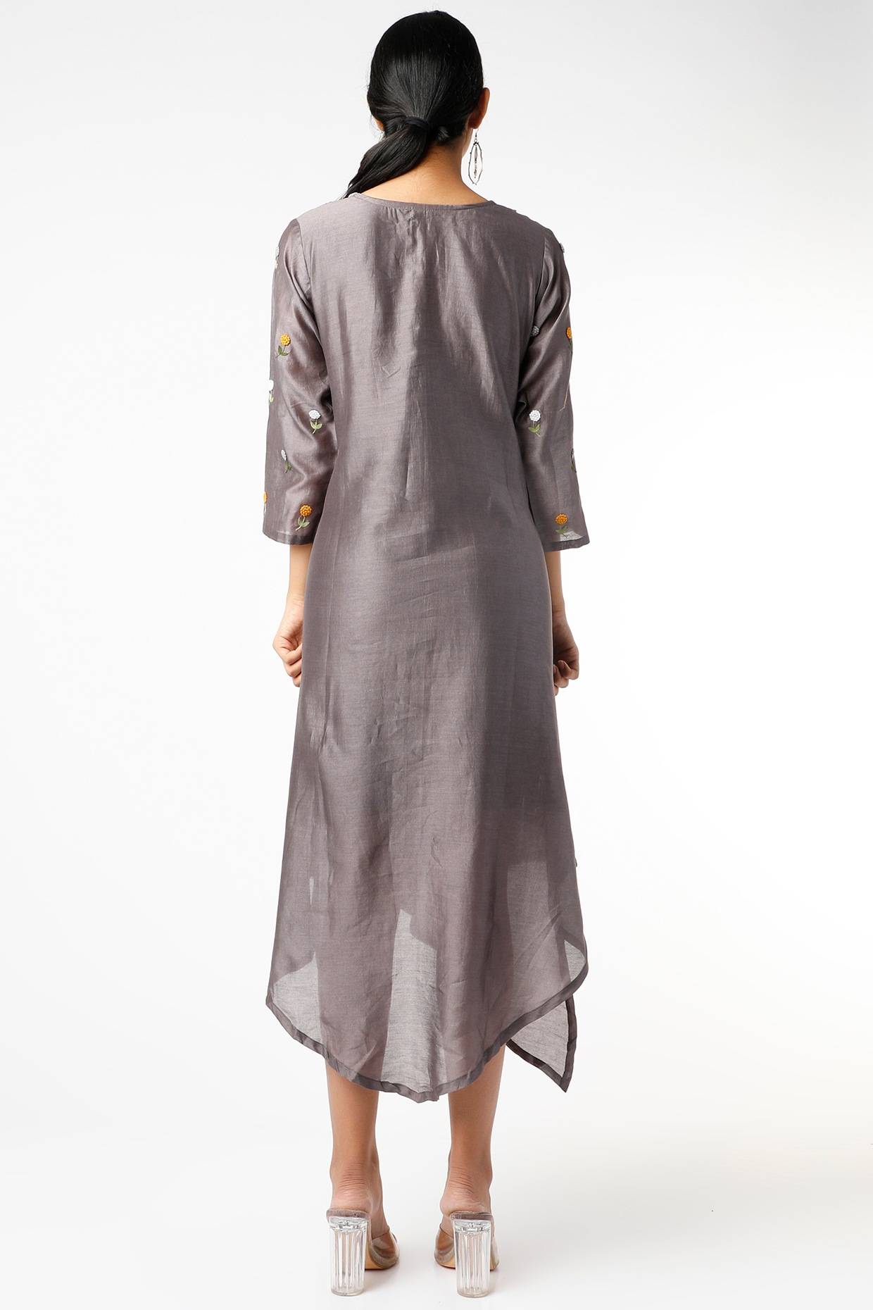 Grey Embroidered Assymetric Tunic Dress
