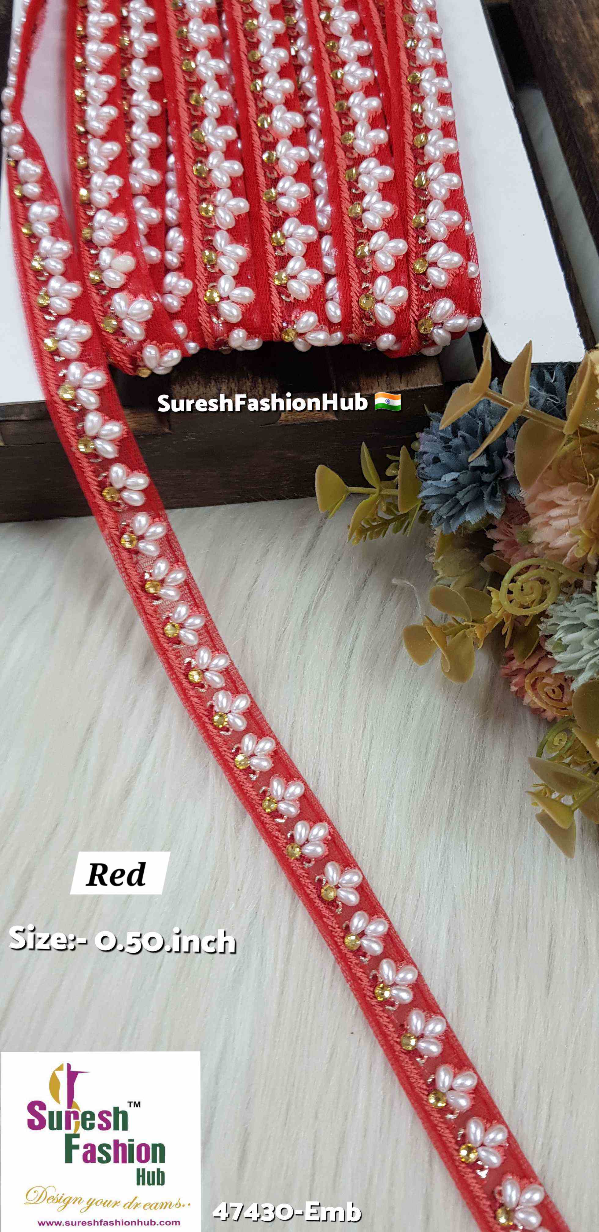 LuxeGlimmer Embroidered Trim Red Color