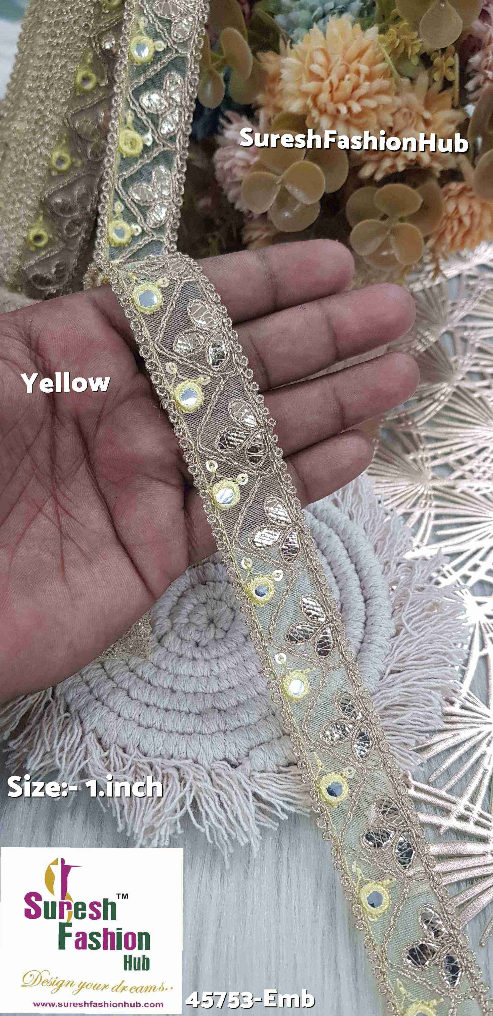 Glimmering Gota and Mirror Embroidered Yellow Organza Lace ellow