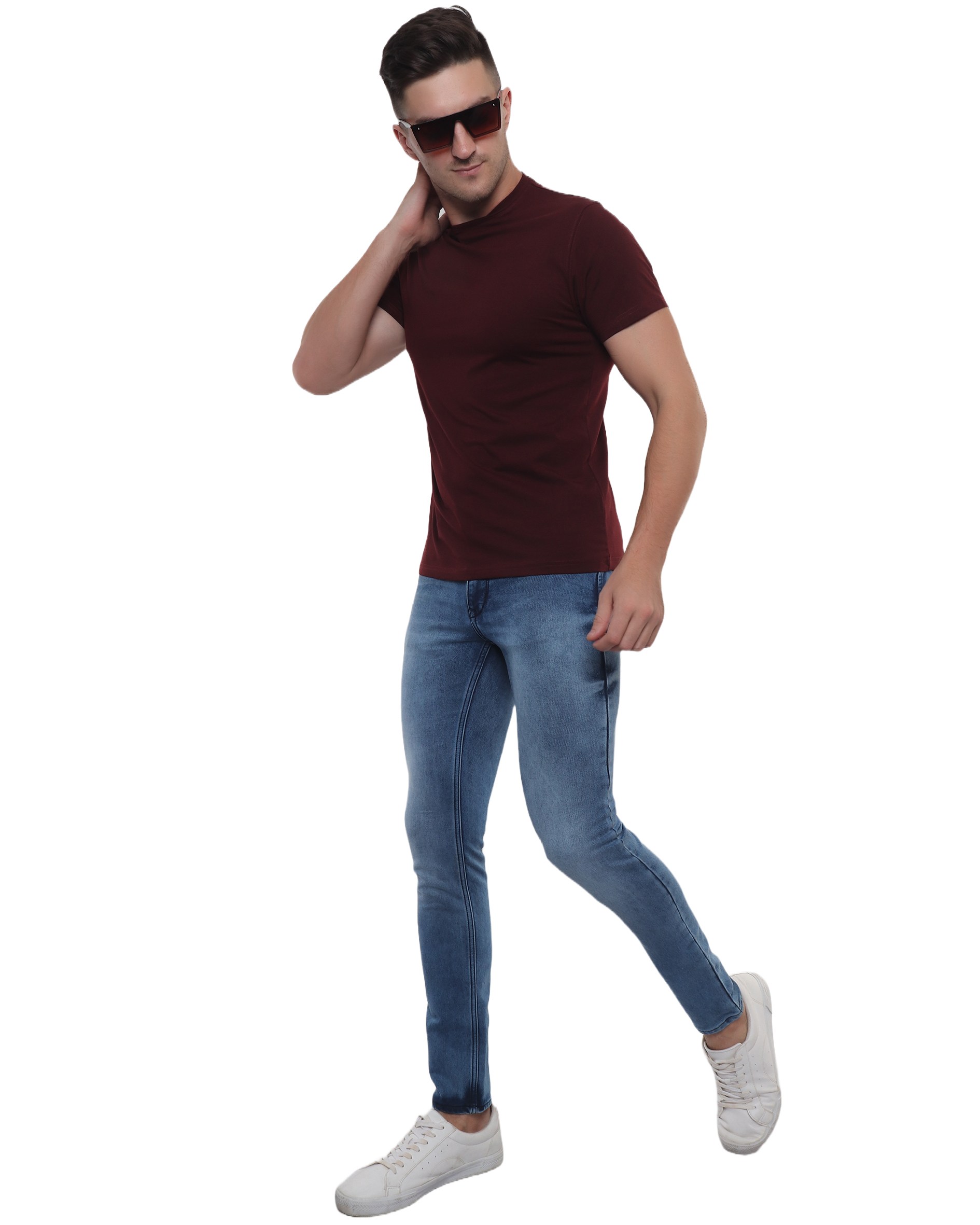Wine Cotton Lycra Round Neck T Shirt