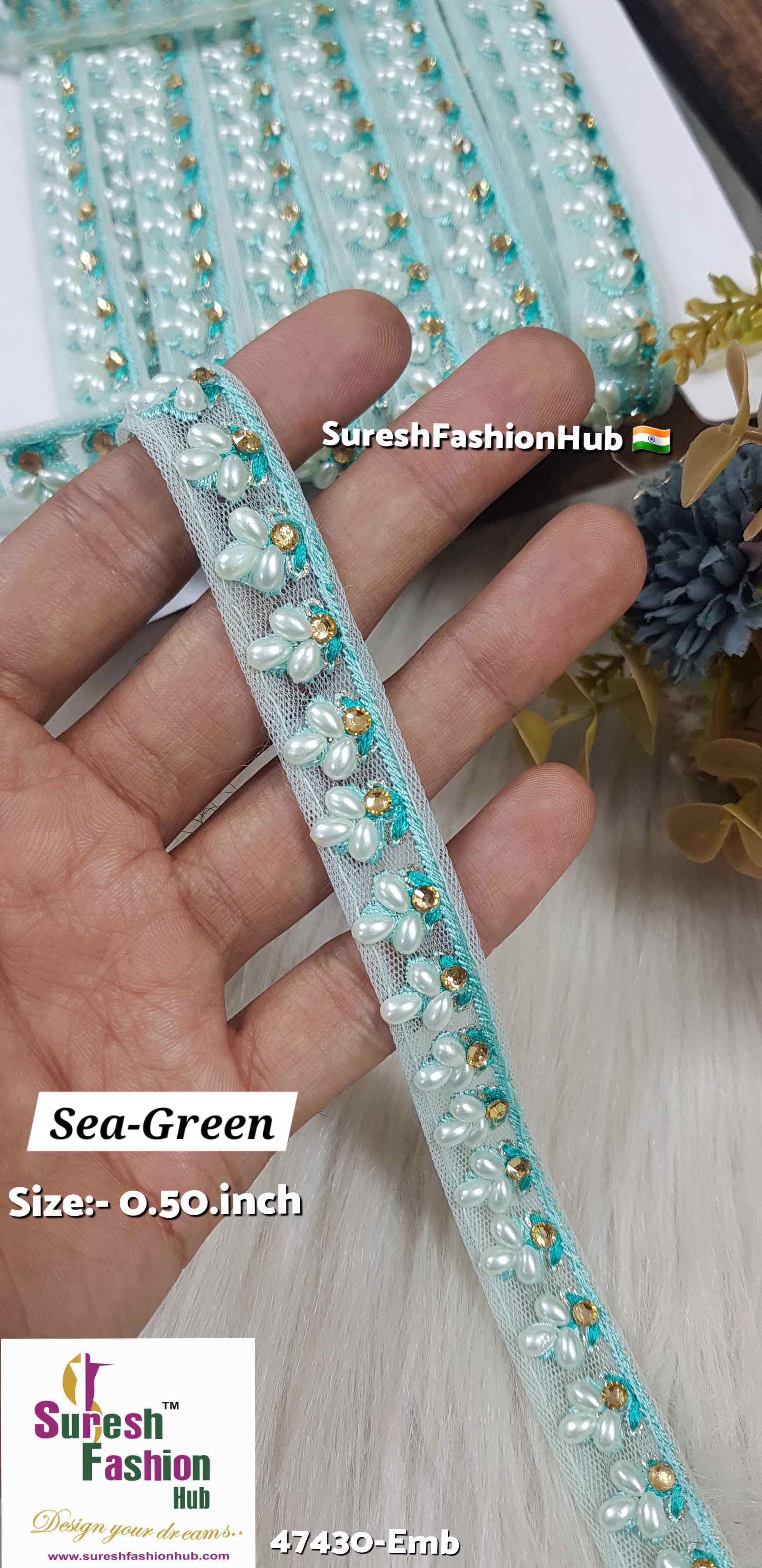 LuxeGlimmer Embroidered Trim Sea Green Color
