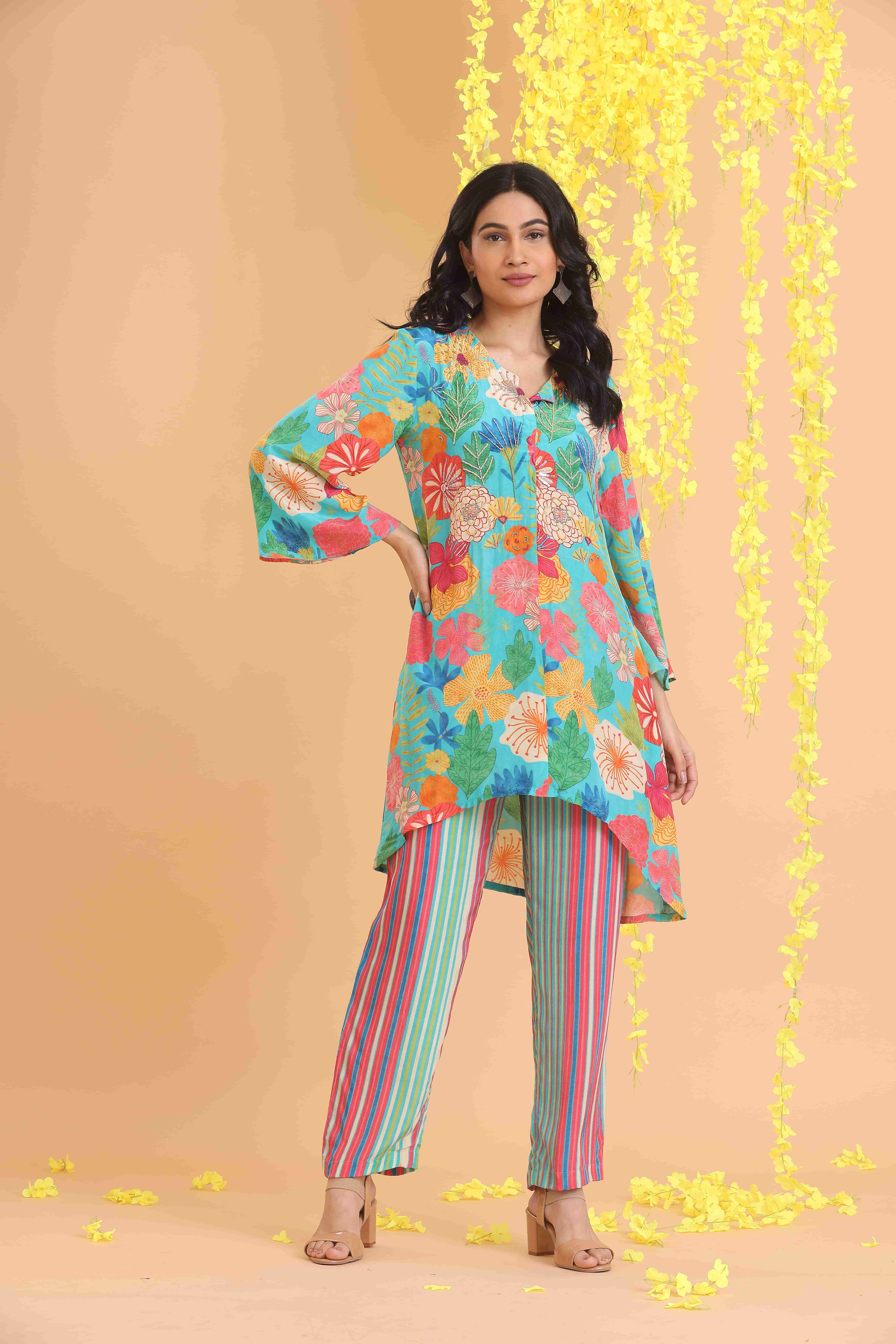 Short Printed High Low Kurta set
